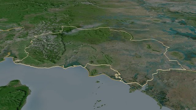 K&acirc;mp&ocirc;t, province with its capital, zoomed and extruded on the satellite map of Cambodia in the conformal Stereographic projection. Animation 3D