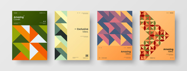 Obraz premium Business presentation vector A4 vertical orientation front page mock up set. Corporate report cover abstract geometric illustration design layout bundle. Company identity brochure template collection.