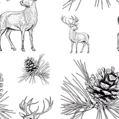 Seamless pattern with a deer and cones. Scandinavian style