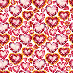 Fototapeta na wymiar Watercolor romantic seamless pattern for Saint Valentine's Day. Hand drawn ruby hearts, diamonds and rings, Elements isolated on white background