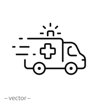 ambulance icon, outline emergency car, medicine van, care medic support, thin line web symbol on white background - editable stroke vector illustration eps10