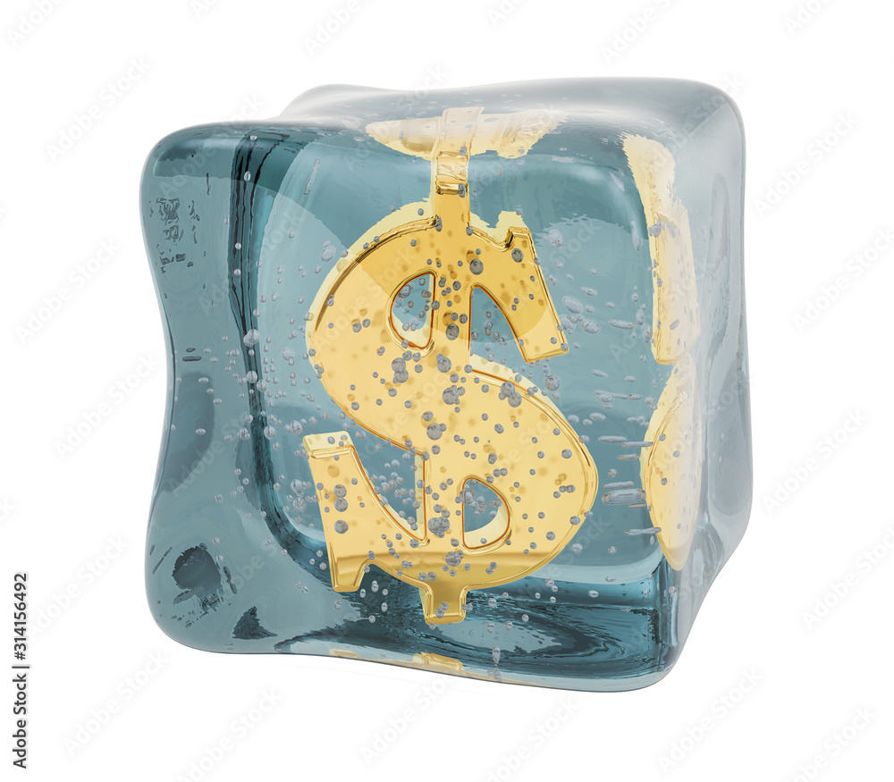 Poster dollar symbol frozen in ice cube, 3d rendering
