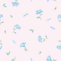 Fototapeta premium Little blue flowers watercolor painting - hand drawn seamless pattern on pink background