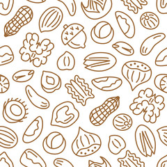 Nut seamless pattern. Flat line icon background with hazelnut, pecan, almond, chestnut, pistachio, walnut, peanut. Vector illustration.