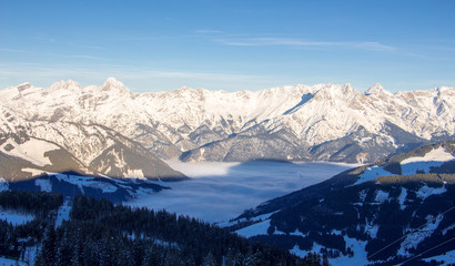 Panoramic view Saalbach hinterglemm steinernes Meer leogang sunset snowy mountains alps