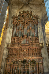 Pipe organ inside La Giralda in Seville, Spain. Huge wind instrument found in the Cathedral of Seville in Spain