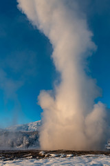 Strokkur geyser erupting in Geysir Geothermal hot spring in Iceland on a clear blue sky day in winter