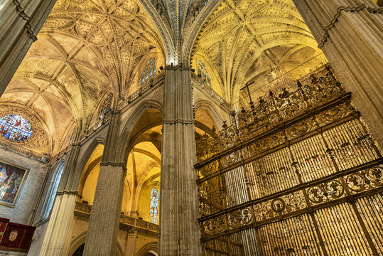 Inside the impressive Cathedral in Seville, Spain. Interior details found in the Cathedral of Seville