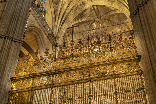 Inside the impressive Cathedral in Seville, Spain. Interior details found in the Cathedral of Seville