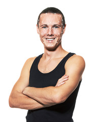 Biometric verification. Young man. Isolated on white. The concept of a technology of face recognition on polygonal grid