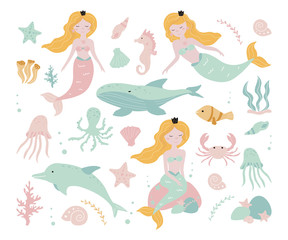 Set with sea creatures and a little mermaid on a white background. Vector illustration for printing on fabric, postcard, packaging paper, gift products, Wallpaper, clothing. Cute children's background