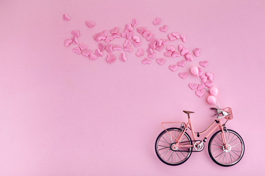 Happy Valentine's day. bicycle and flying hearts. Mother's Day or Women's Day, greeting cards, invitations and posters.