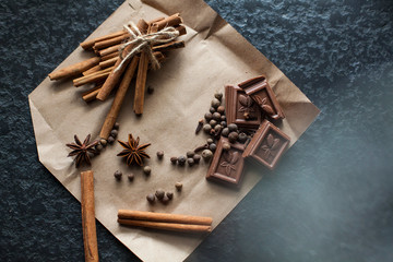 Obraz na płótnie Canvas chocolate, spices, relaxation, wholesome food, hot chocolate