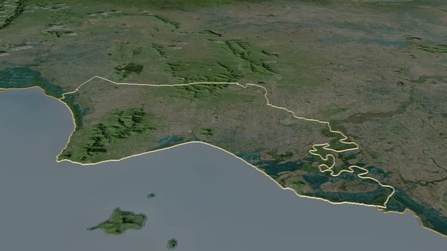 Kep, province with its capital, zoomed and extruded on the satellite map of Cambodia in the conformal Stereographic projection. Animation 3D