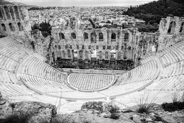 black and white photo of the Herodeion, Herodion, the Odeon of Herodes Atticus a stone Roman...