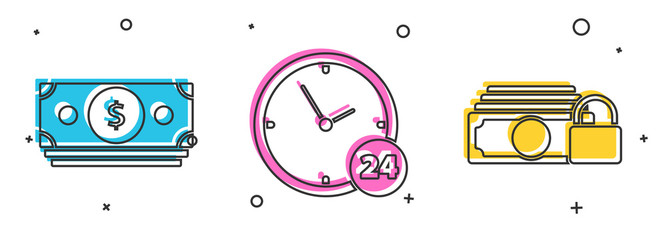 Set Stacks paper money cash, Clock 24 hours and Money with lock icon. Vector