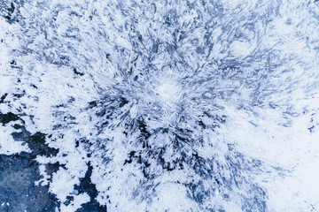 Ice texture, interesting frozen lake patterns, naturally created forms. Frozen river's water in the winter in mount Vitosha, near Sofia, Bulgaria. Ice Age climate changes.