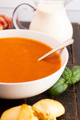 A Bowl of Homemade Cream of Tomato and Basil Soup