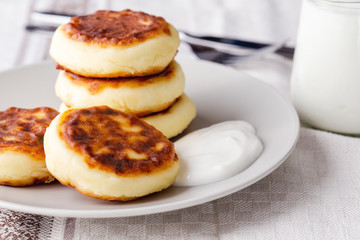 Cottage cheese pancakes, homemade traditional Ukrainian  syrniki