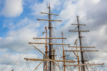 Close up of the rig of an old sailing vessel in the harbor of the German city Kiel in summer