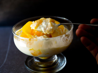 Sweet tapioca pudding with coconut milk and fresh mango