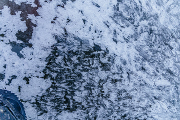 Ice texture, interesting frozen lake patterns, naturally created forms. Frozen river's water in the winter in mount Vitosha, near Sofia, Bulgaria. Ice Age climate changes.