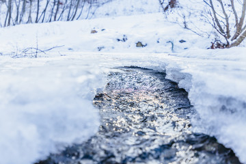 Ice texture, interesting frozen lake patterns, naturally created forms. Frozen river's water in the winter in mount Vitosha, near Sofia, Bulgaria. Ice Age climate changes.