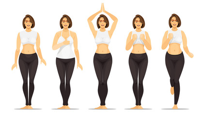 Gym fitness workout. Group of young girls do active sports, yoga, running and exercises. Healthy body lifestyle concept, Isolated people on white background. Simple flat. Eps10 vector illustration.