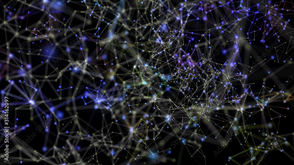 Poster colored plexus connections system particals on dark wall abstract background