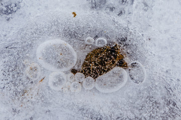 Ice texture, interesting frozen lake patterns, naturally created forms. Frozen river's water in the winter in mount Vitosha, near Sofia, Bulgaria. Ice Age climate changes.