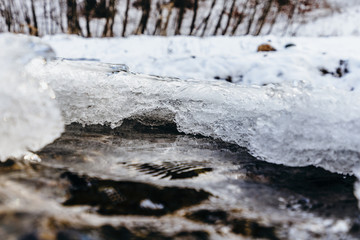 Ice texture, interesting frozen lake patterns, naturally created forms. Frozen river's water in the winter in mount Vitosha, near Sofia, Bulgaria. Ice Age climate changes.