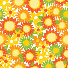 Vector colorful yellow and orange textured sunflowers pen sketch repeat pattern with white background. Suitable for textile, gift wrap and wallpaper.