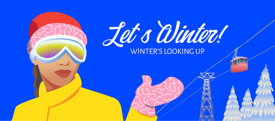 Ski and snowboard resort poster design. Cartoon style character on winter background.