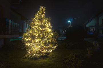 Outdoor christmass tree with yellow lights.