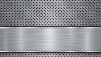 Background in gray colors, consisting of a metallic perforated surface with holes and a polished plate with metal texture, glares and shiny edges