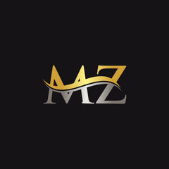 Initial Gold And Silver letter MZ Logo Design with black Background. Abstract Letter MZ logo Design