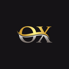 Gold And Silver letter OX Logo Design with black Background. OX Letter Logo Design