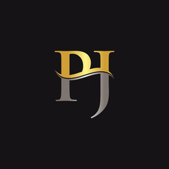 Fototapeta premium Gold And Silver letter PJ Logo Design with black Background. PJ Letter Logo Design