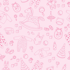 Pattern of children's things and toys hand drawn doodle. Outline on the pink background. Vector illustration for backgrounds, web design, design elements, textile prints, covers, greeting cards.