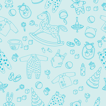 Pattern of children's things and toys hand drawn doodle. Outline on the blue background. Vector illustration for backgrounds, web design, design elements, textile prints, covers, greeting cards.