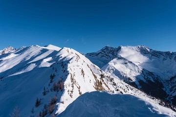 Fototapeta na wymiar Blick auf schneebedeckte Gannerspitze und Olperer im Schmirntal, Tirol