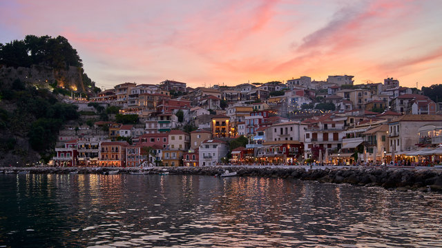The bay of Parga, in Greece at dusk
