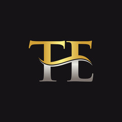 Gold And Silver letter TE Logo Design with black Background. TE Letter Logo Design
