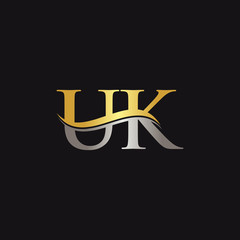 Gold And Silver letter UK Logo Design with black Background. UK Letter Logo Design