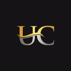 Gold And Silver letter UC Logo Design with black Background. UC Letter Logo Design