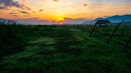 A wooden hut in the morning meadow
