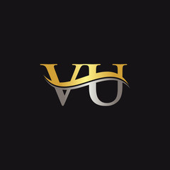 Initial Gold and Silver VU Letter Linked Logo with Black Background. Creative Letter VU Logo Design . VU Logo Design.