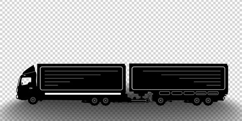 Fototapeta na wymiar Vector detailed silhouette of truck with a trailer isolated on transparent background. Black and white vehicle icon with shadow. Vector illustration