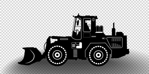 Detailed excavator snow-plow tractor isolated on transparent background. Black and white vehicle icon with shadow. Vector illustration