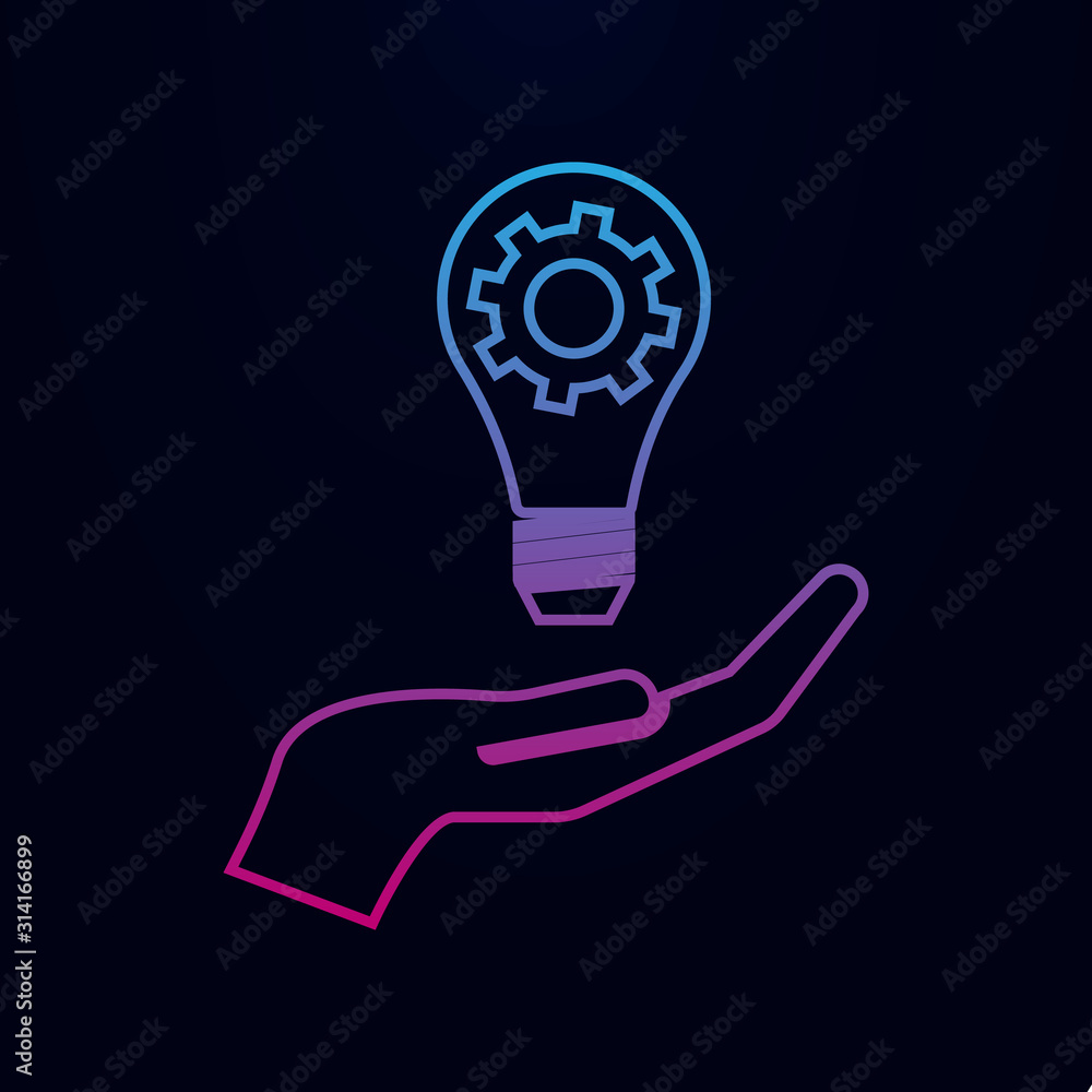 Poster light lamp bulb with cogwheel gear in hand. idea nolan icon. simple thin line, outline vector of tea